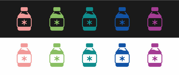 Set Bottle of medicine syrup icon isolated on black and white background. Vector