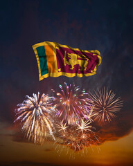 Holiday fireworks and flag of Sri Lanka