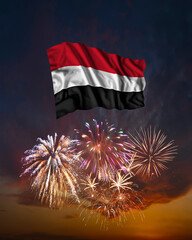 Holiday fireworks and flag of Yemen