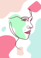 Woman face one line art drawing poster. Continuous line drawing style
