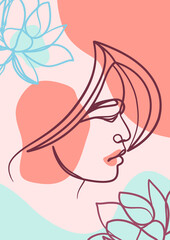 Woman face one line art drawing poster. Continuous line drawing style