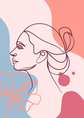 Woman face one line art drawing poster. Continuous line drawing style