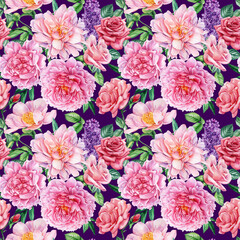 Flowers peony, rose, lilac. Floral design. Watercolor Seamless pattern