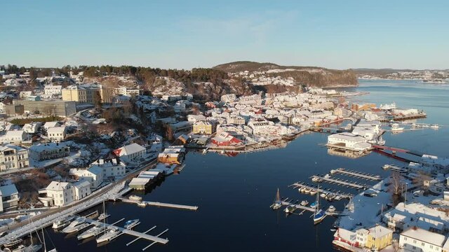 Boats Moored At Kragerø Marina On A Sunny Winter Day In Norway. - aerial
