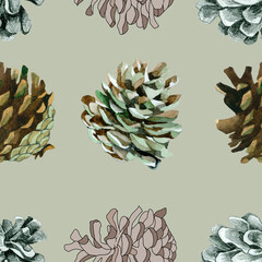 Pine cones watercolor and graphics isolated on light green background seamless pattern.