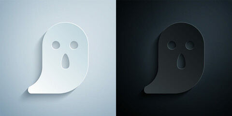 Paper cut Ghost icon isolated on grey and black background. Happy Halloween party. Paper art style. Vector