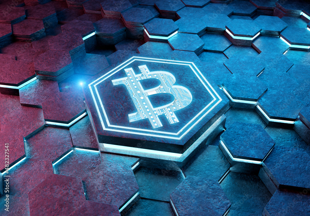Poster Bitcoin icon creativity concept engraved on metal hexagonal pedestral background. Crypto currency symbol glowing on abstract digital surface. 3d rendering
