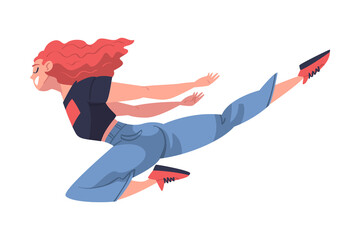 Jumping Woman Character Feeling Freedom and Motion Flying in Mid Air Vector Illustration