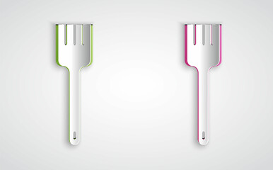 Paper cut Fork icon isolated on grey background. Cutlery symbol. Paper art style. Vector