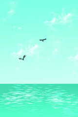 blue cloudy sky flying birds on the ocean vector illustration