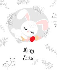 Vector illustration Lovely hand drawn Easter card, combination of flat illustration with doodles, eggs and rabbit