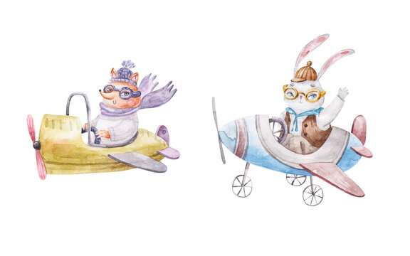 pilot fox and rabbit flying on airplanes, cute watercolor childrens illustration isolated on white background