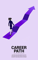 Silhouette of businesswoman walking on step up arrow. Concept of career path and start business