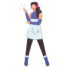 A cute girl speaks on a mobile phone. The female character is talking on the phone. Modern young woman with smartphone. The idea of a positive feeling. For online advertising. Isolated flat vector.