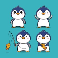 Cute penguin collection with fishing rod illustration