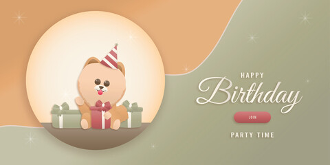Happy birthday cute dog template design elements for party invitations A brown dog is sitting near a gift box. happy smiling dog Paper And Craft Style Vector Illustration