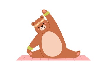 Cute funny bear doing yoga exercise on mat. Happy adorable teddy animal stretching. Chubby kids character during sports workout. Childish flat vector illustration isolated on white background