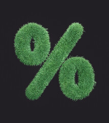 Fototapeta premium Grass percent symbol. Eco percent symbol withthe green lawn texture, isolated grassy digit, 3d rendering