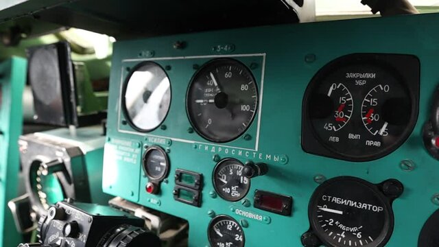 The front central panel in the Soviet strategic turboprop bomber Tu-95. The cockpit is inside. Natural light. Full HD.120 fps.