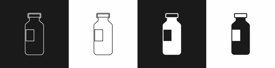 Set Bottle of water icon isolated on black and white background. Soda aqua drink sign. Vector