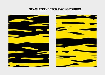 Set of seamless vector black and yellow backgrounds. Bright yellow lines on a black background. Template for print and web. Design element for background, poster, banner, textile, fabric, paper.