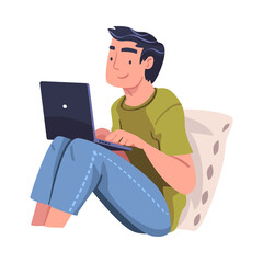 Young Man in Self-isolation with Laptop Sitting in Bed Vector Illustration