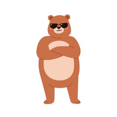Cute bear in sunglasses. Funny cool teddy portrait. Sweet baby animal in sun glasses standing with arms crossed and smiling. Childish character. Flat vector illustration isolated on white background