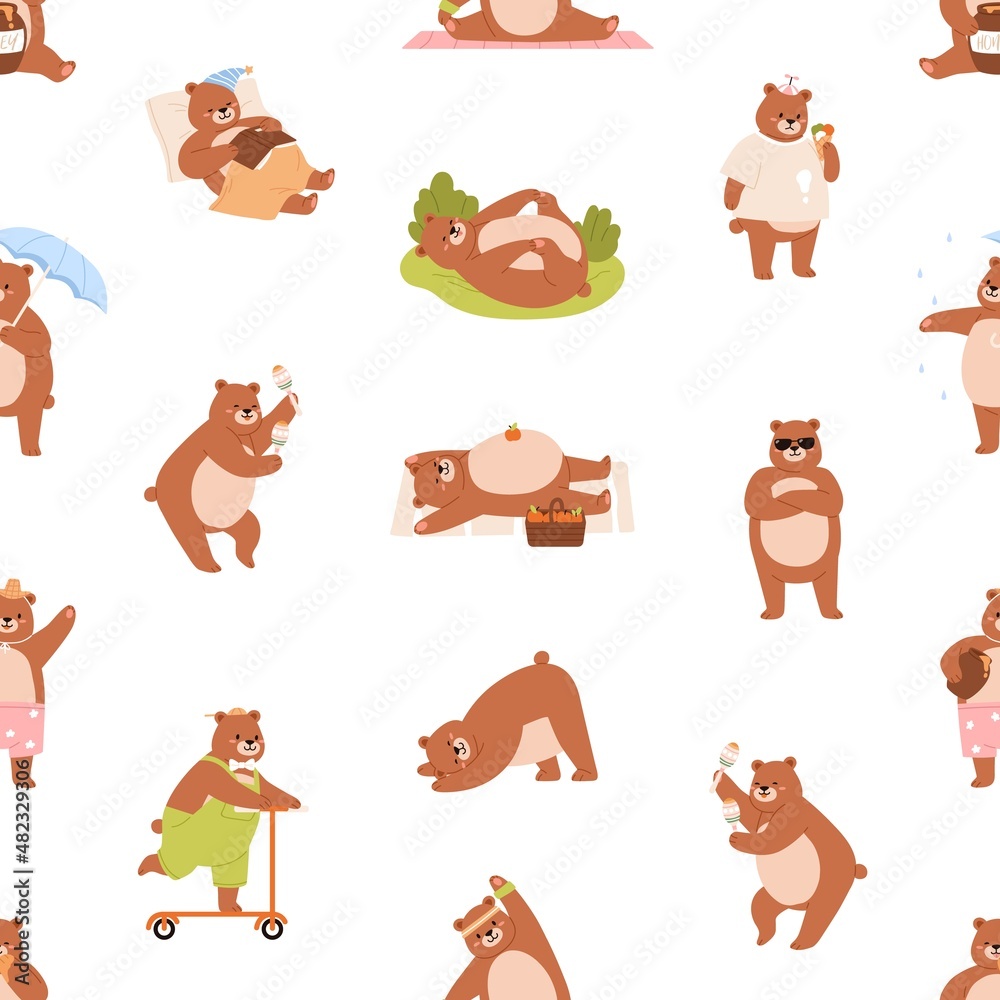 Poster cute bear pattern. seamless background with funny teddy animals print. endless repeating backdrop wi
