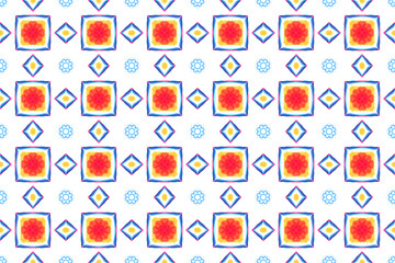 Abstract pattern on a colored background. Background with elements of geometric shapes. Geometric ornament. A kaleidoscope consisting of mandalas. Abstract wallpaper.