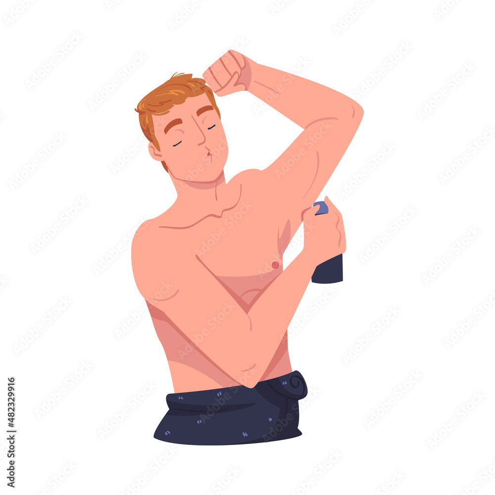 Poster Man Character In Bathroom Doing Hygiene Procedure Putting on Deodorant Vector Illustration