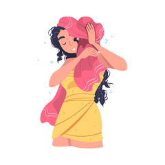Woman Character In Bathroom Doing Hygiene Procedure Drying Wet Hair with Towel Vector Illustration