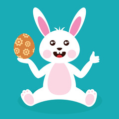 Cute cartoon white Easter bunny rabbit holding an Easter egg and giving a thumb up. Vector illustration.