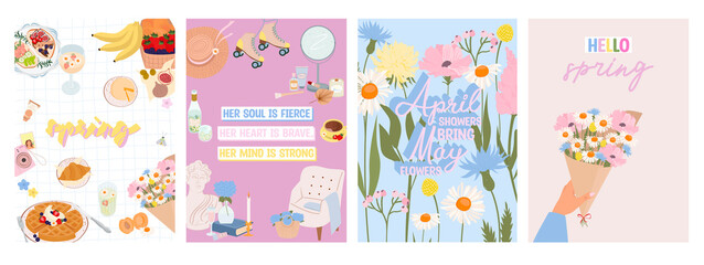Collection of Spring greeting or invitation cards, Spring picnic, Easter, Woman's Day, Hello Spring. Editable Vector Illustration.