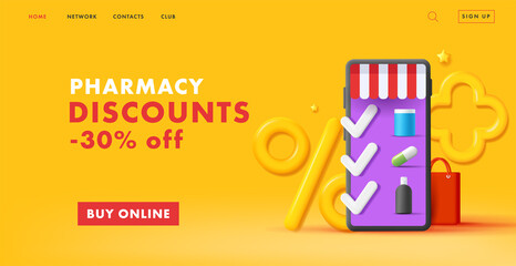 Pharmacy discounts web banner with 3d illustration of a smartphone with drugstore retail goods like pills with checkmark list