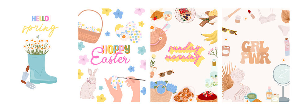 Collection of Spring greeting or invitation cards, Spring picnic, Easter, Woman's Day, Hello Spring. Editable Vector Illustration.