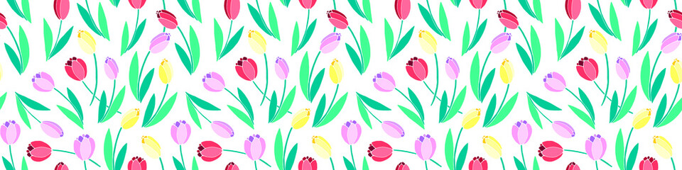 Vector bright seamless pattern with scattered red, pink, yellow tulip flowers. Spring holiday texture for wrapping paper, textile, greeting card, mother's, women's or Valentine's Day