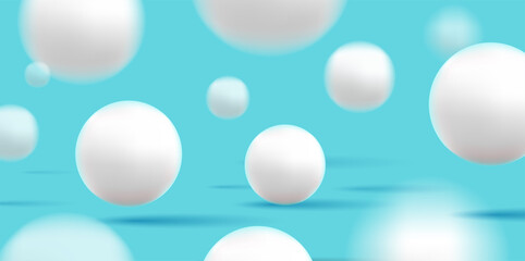Falling white soft spheres on blue background, abstract 3d shapes jumping in space, dynamic wallpaper with white balls