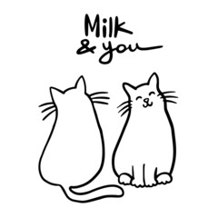 Cat love couple. Doodle black line sketch art icon. Cute cartoon kids design. Outline drawing logo minimal style.