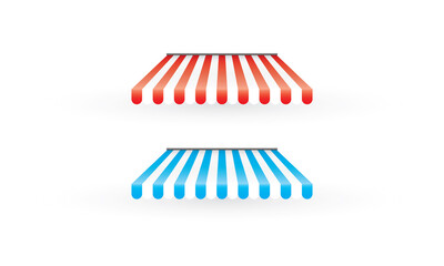 Blue and Red shop sunshade isolated on white background, Outdoor market tent, Roof canopy, Summer street store.