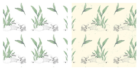 Set of seamless patterns with easter bunny and watercolor branches. The template can be used for gift box design, social media, branding
