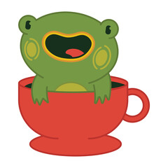 Cute frog in red cup vector cartoon character illustration isolated on a white background.