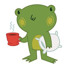 Cute frog with coffee and pillow vector cartoon character illustration isolated on a white background.