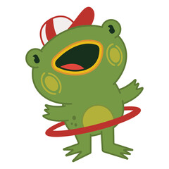 Cute frog with hula hoop vector cartoon character illustration isolated on a white background.