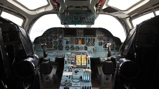 The cockpit of the Tu-160 heavy strategic missile carrier with a steering wheel and sensors. Control Panel. Full hd.120 fps