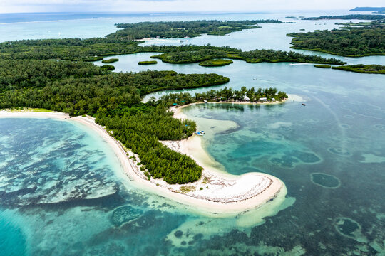 Mauritius, Helicopter view of bays of Ile aux Cerfs island