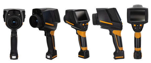 thermal imager isolated on a white background. different angles. non-contact temperature measurement of objects, troubleshooting of equipment and electrics, construction defects.