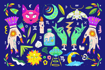 A set of elements of vector design of witch magic. A collection of magicians, hand-drawn, doodles, sketches. Magical symbols_ moon, stars, plants, eyes. Perfect for tattoos, textiles, postcards, secre