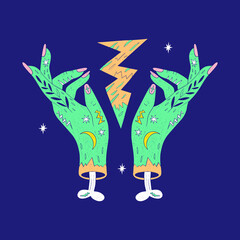 A set of elements of vector design of witch magic. A collection of magicians, hand-drawn, doodles, sketches. Magical symbols_ moon, stars, plants, eyes. Perfect for tattoos, textiles, postcards, secre