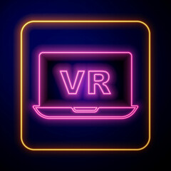 Glowing neon Virtual reality icon isolated on black background. Futuristic VR head-up display design. Vector