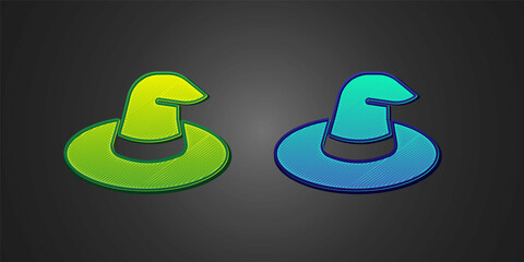 Green and blue Witch hat icon isolated on black background. Happy Halloween party. Vector
